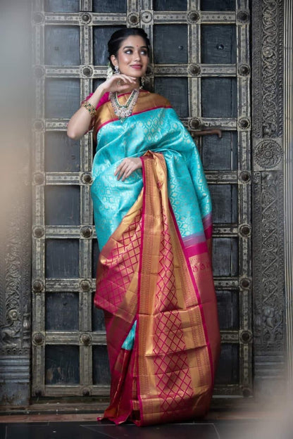 Light Blue Jacquard Machine Weave Silk Blend Saree With Blouse Piece
