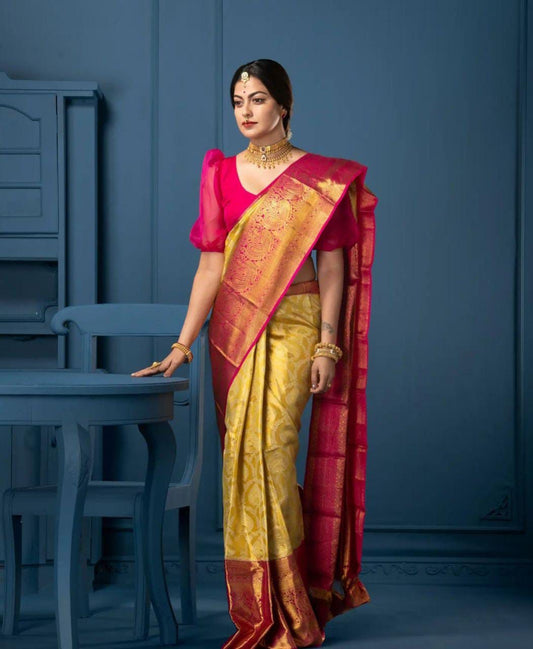 Multicolor Woven Animal Print Embroidered Floral Print Hand Painted Printed Solid/Plain Applique Kanjivaram Jacquard Pure Silk Saree