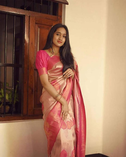 Pink Woven Banarasi Soft Lichi Silk Saree With Unstitched Blouse Piece For Women