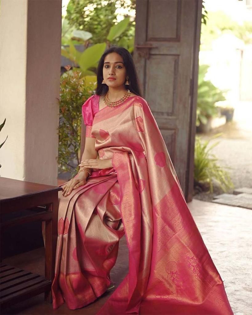 Pink Woven Banarasi Soft Lichi Silk Saree With Unstitched Blouse Piece For Women
