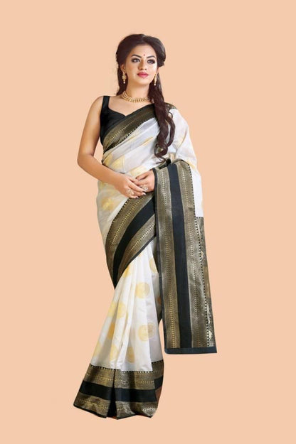 White Black Soft Lichi Silk Saree With Unstitched Blouse Piece For Women