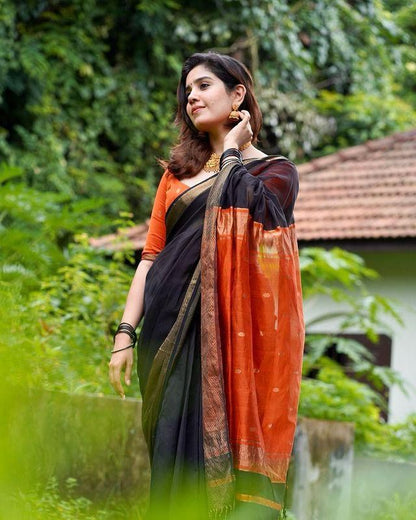 Multi Colour Kanjivaram Soft Cotton Linen Silk Saree With Unstitched Blouse Piece For Women
