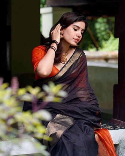 Multi Colour Kanjivaram Soft Cotton Linen Silk Saree With Unstitched Blouse Piece For Women