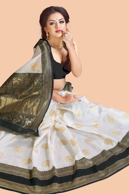 White Black Soft Lichi Silk Saree With Unstitched Blouse Piece For Women