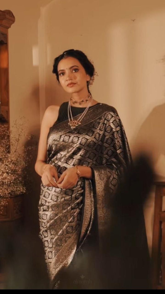 Dark Brown Stylish Soft Lichi Silk Saree With Rich Pallu Slab Weaving Work All Over Body With Unstitched Blouse Piece For Women
