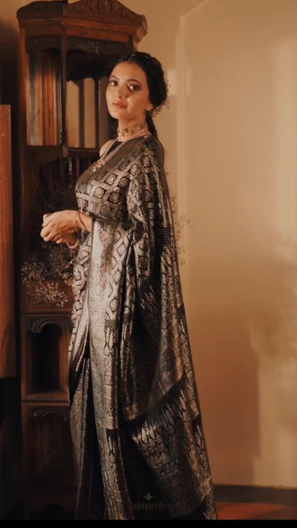 Dark Brown Stylish Soft Lichi Silk Saree With Rich Pallu Slab Weaving Work All Over Body With Unstitched Blouse Piece For Women