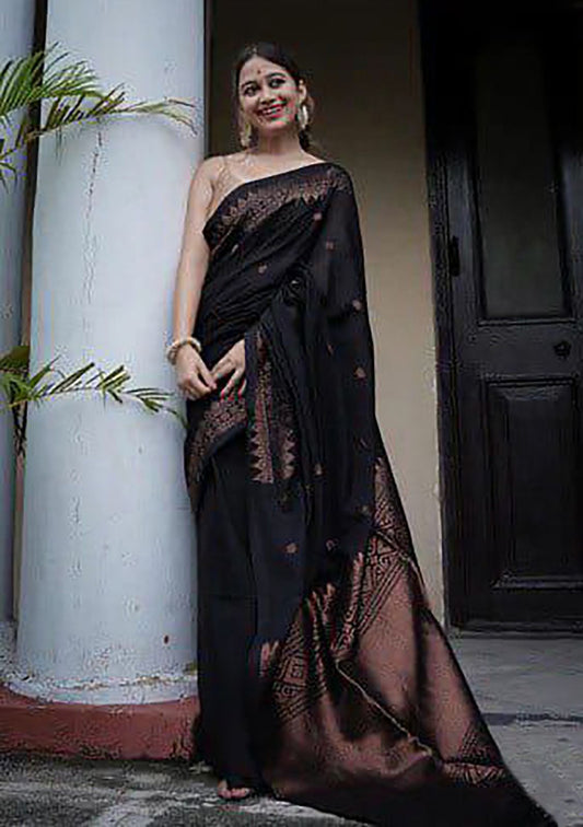 Black Woven Banarasi Soft Lichi Silk Saree With Unstitched Blouse Piece For Women