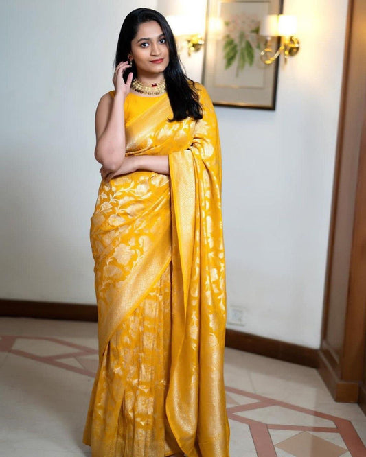 Yellow Printed Banarasi Soft Lichi Silk Saree With Unstitched Blouse Piece For Women