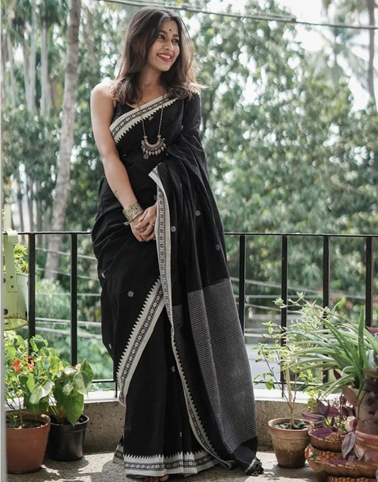 Black Woven Bollywood Soft Cotton Linen Silk Saree With Unstitched Blouse Piece For Women