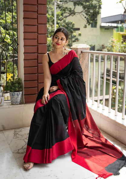 Black Printed Bollywood Soft Cotton Linen Silk Saree With Unstitched Blouse Piece For Women