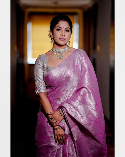 Pink Kanjivaramsoft Lichi Silk Cloth With Original Silver Zari Saree With Unstitched Blouse Piece For Women