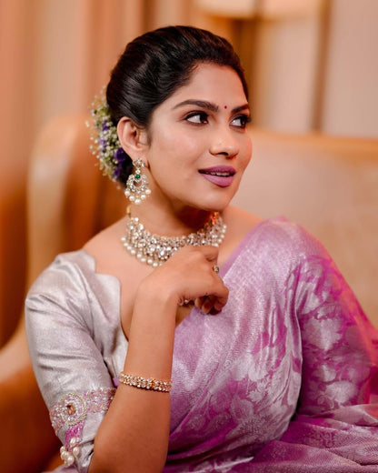 Pink Kanjivaramsoft Lichi Silk Cloth With Original Silver Zari Saree With Unstitched Blouse Piece For Women