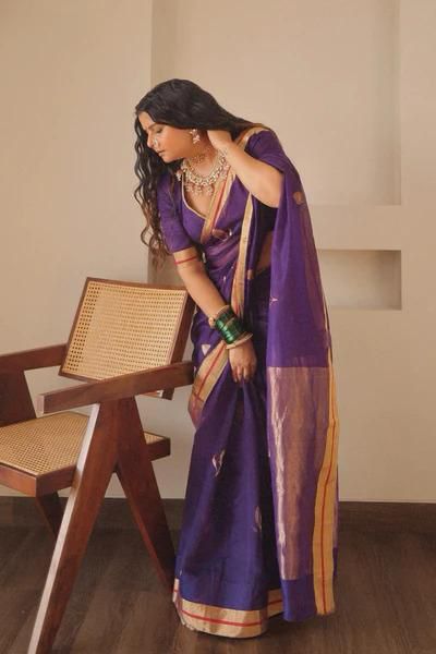 Violet Violet Soft Kanjivaram Linen Cotton Silk Traditional Saree With Attach Unstitched Blouse Piece