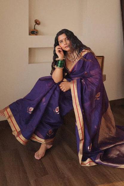 Violet Violet Soft Kanjivaram Linen Cotton Silk Traditional Saree With Attach Unstitched Blouse Piece