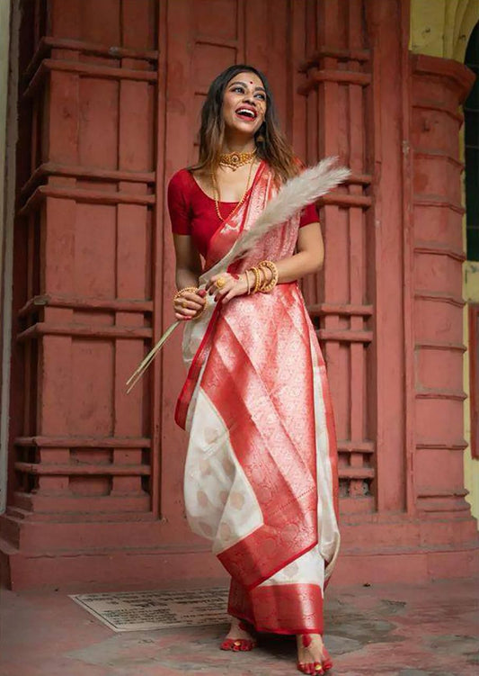 Multi Colour Woven Design Soft Lichi Silk Saree With Unstitched Blouse Piece For Women