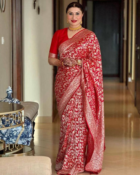 Red Banarasi Soft Jacqard Soft Lichi Silk Saree With Unstitched Blouse Piece For Women
