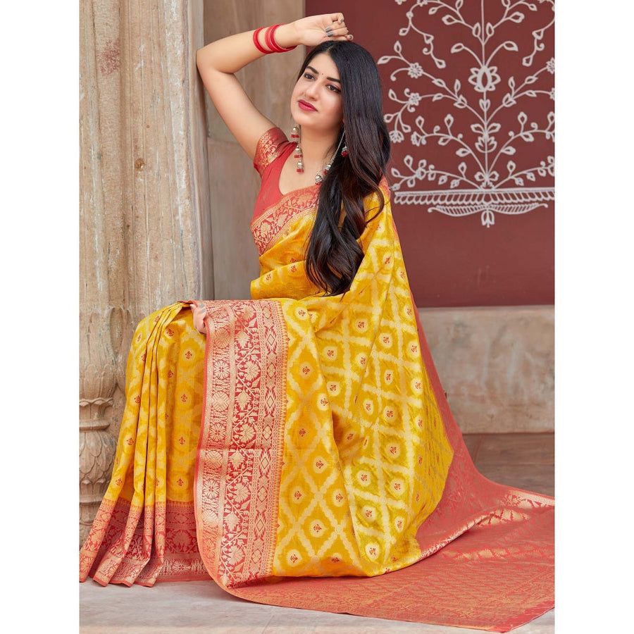 Yellow-Red Woven Kanchipuram Soft Lichi Silk Saree With Unstitched Blouse Piece For Women