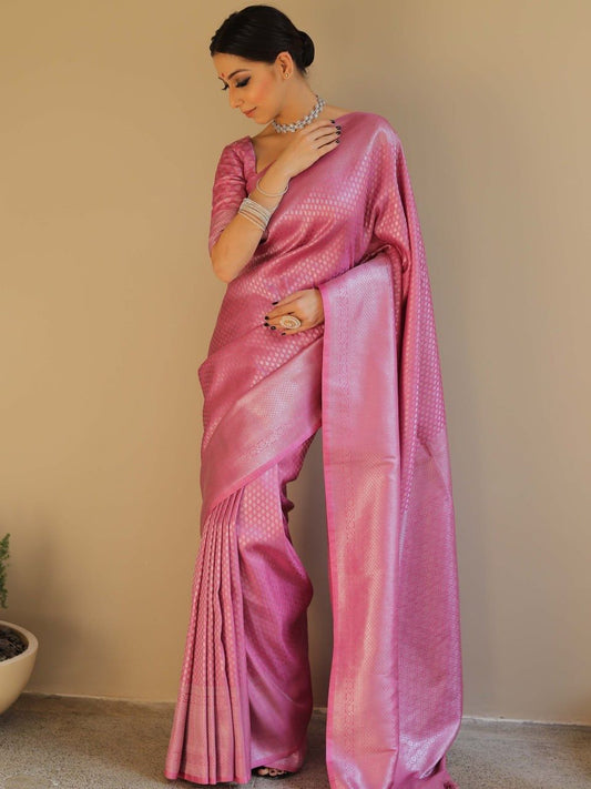 Pink Woven Banarasi Soft Lichi Silk Saree With Unstitched Blouse Piece For Women