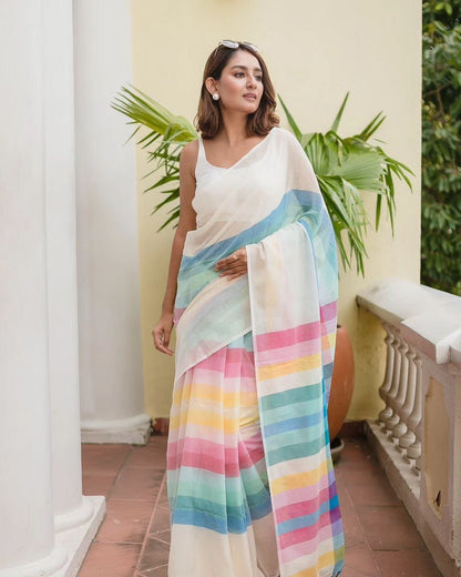 Digital Print Handloom Pure Linen Cotton Saree  (White)