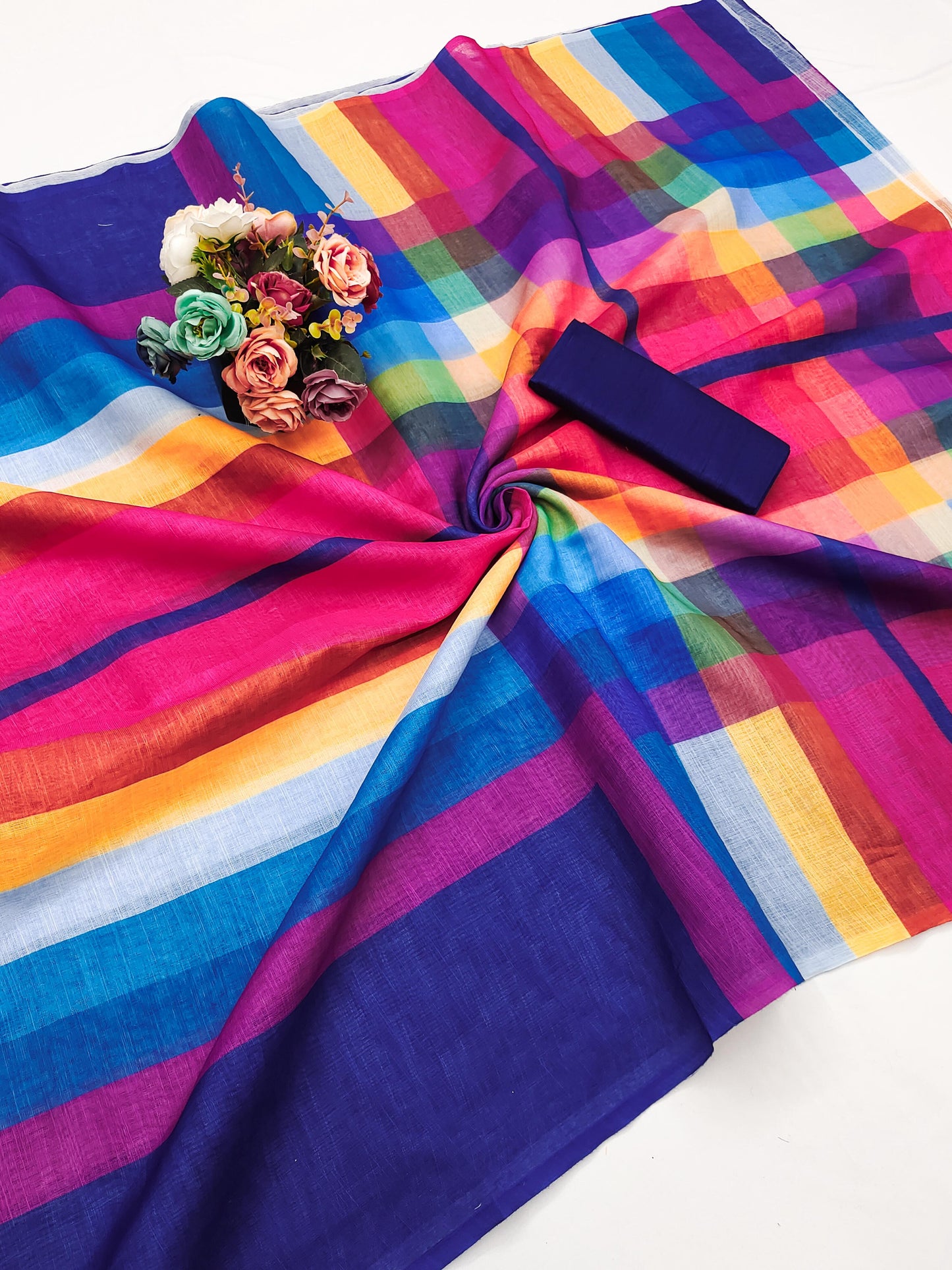 Digital Print Handloom Pure Linen Cotton Saree (Blue)