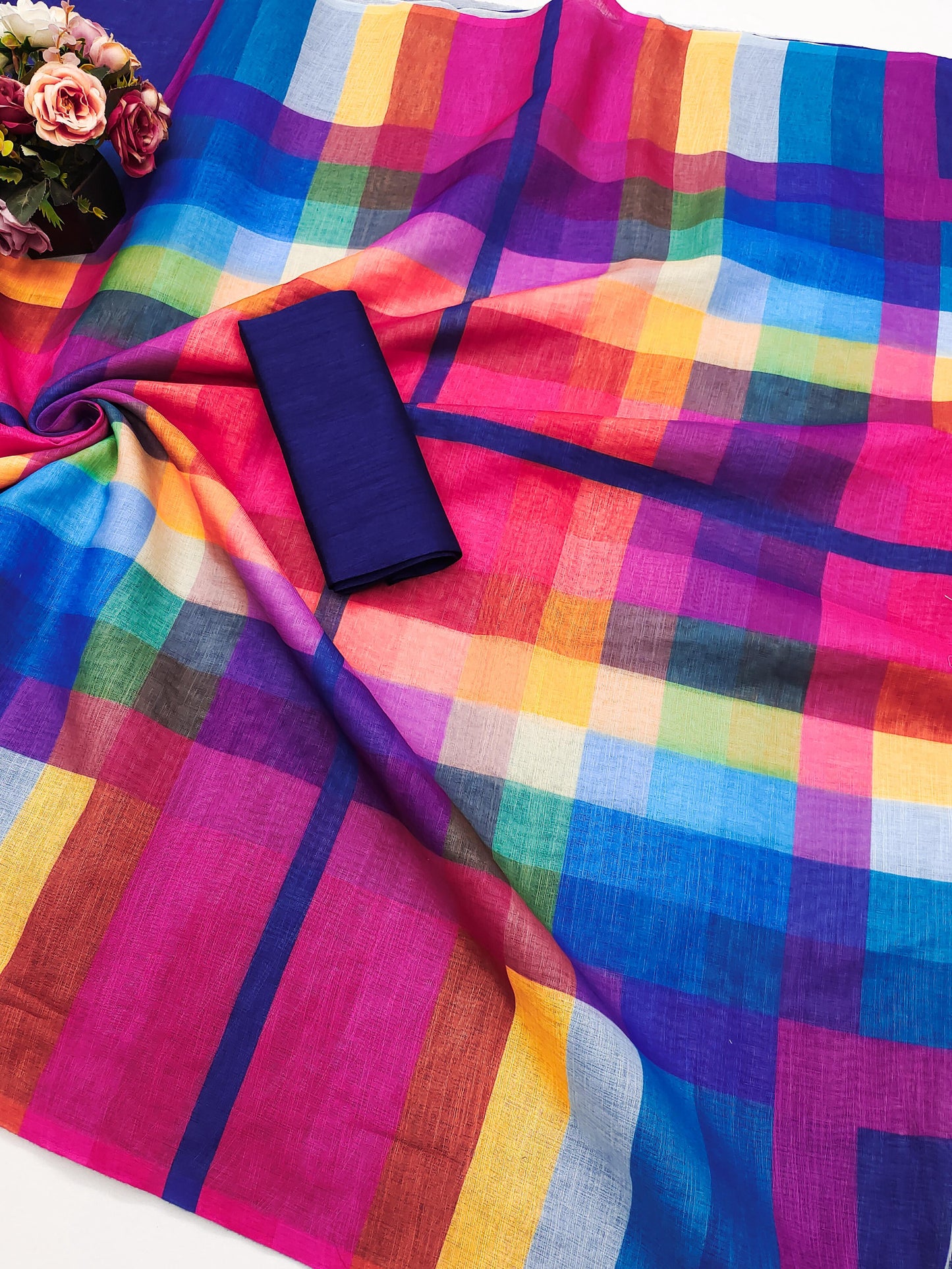 Digital Print Handloom Pure Linen Cotton Saree (Blue)