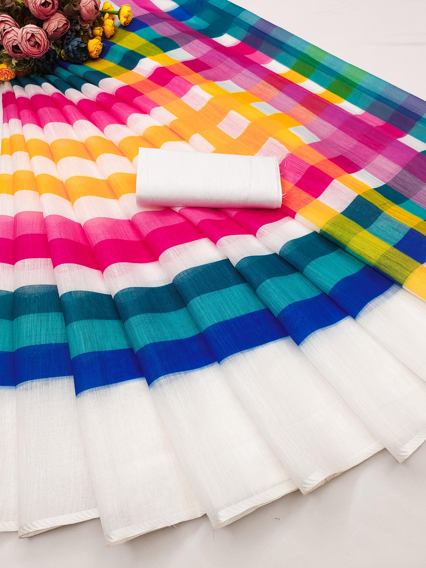 Digital Print Handloom Pure Linen Cotton Saree  (White)