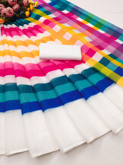 Digital Print Handloom Pure Linen Cotton Saree  (White)