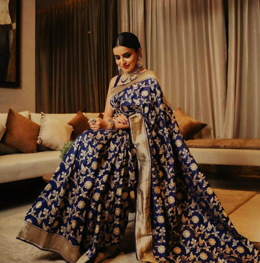 Blue Self Design Jacquard Art Silk Saree With Unstitching Blouse Piece For Women