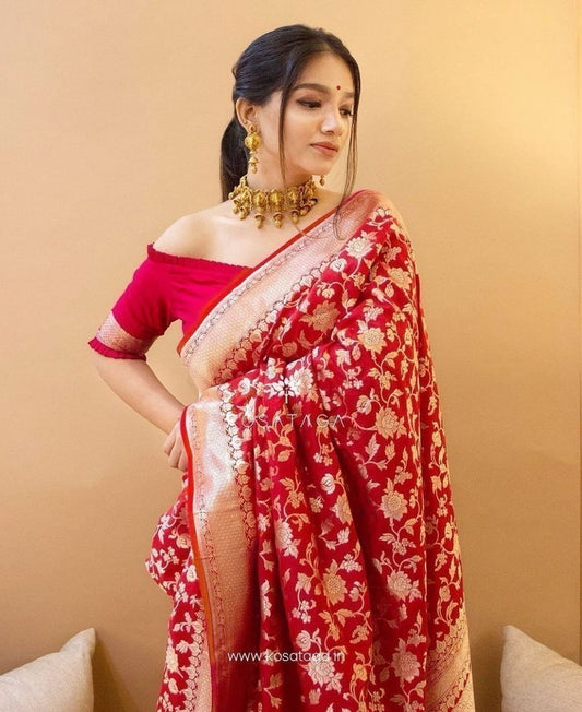 Red Indian Wear Banarasi Cotton And Silk Blended Saree With Unstitching Blouse Piece For Women