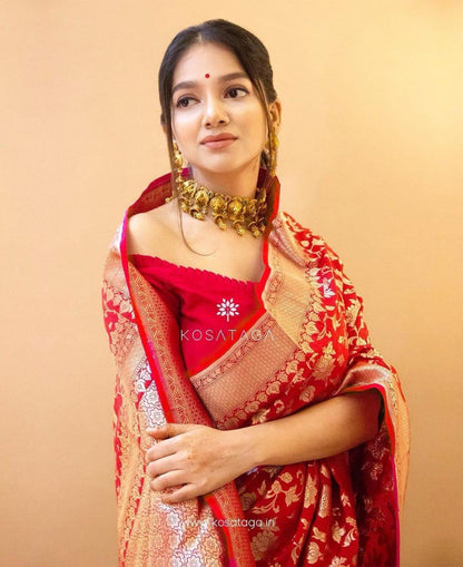 Red Indian Wear Banarasi Cotton And Silk Blended Saree With Unstitching Blouse Piece For Women