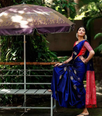 Blue Soft Lichi Silk Saree With Unstitched Blouse Piece For Women