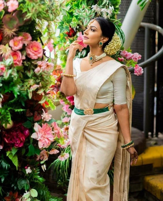 White Woven Bollywood Soft Lichi Silk Cloth Saree With Unstitched Blouse Piece For Women