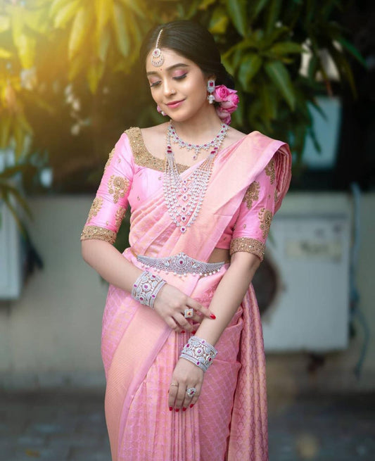 Pink Woven Banarasi Soft Lichi Silk Cloth Saree With Unstitched Blouse Piece For Women