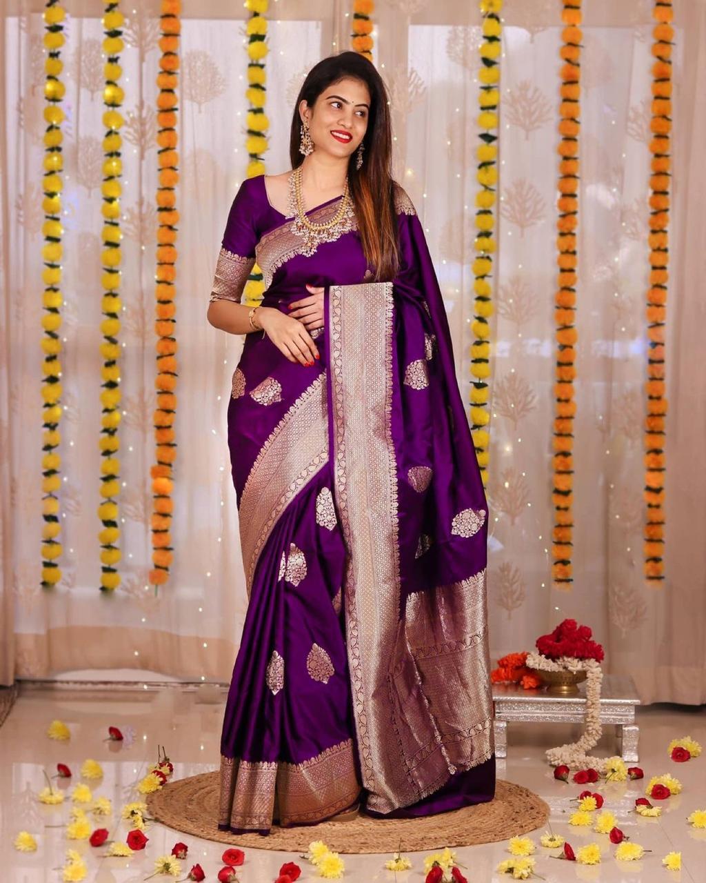 Purple Woven Banarasi Pure Silk Saree With Unstitching Blouse Piece For Women