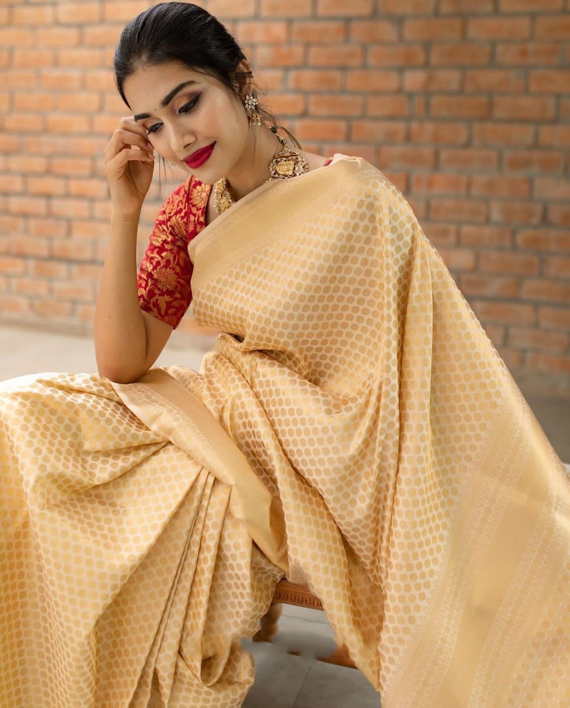 Cream Golden Soft Lichi Silk Cloth Saree With Unstitched Blouse Piece For Women