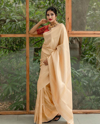 Cream Golden Soft Lichi Silk Cloth Saree With Unstitched Blouse Piece For Women