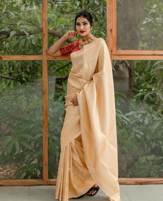 Cream Golden Soft Lichi Silk Cloth Saree With Unstitched Blouse Piece For Women