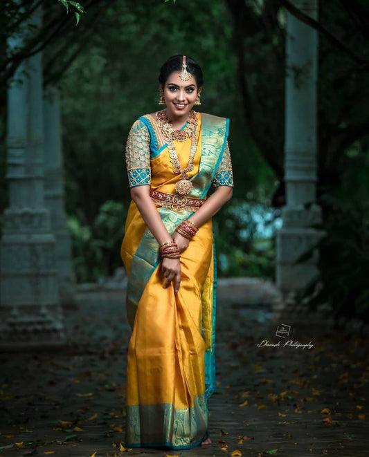 Yellow Soft Lichi Silk Saree Jacquard Work Perfect Classical Wear With Unstitched Blouse Piece