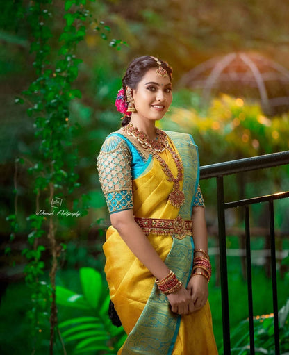 Yellow Soft Lichi Silk Saree Jacquard Work Perfect Classical Wear With Unstitched Blouse Piece