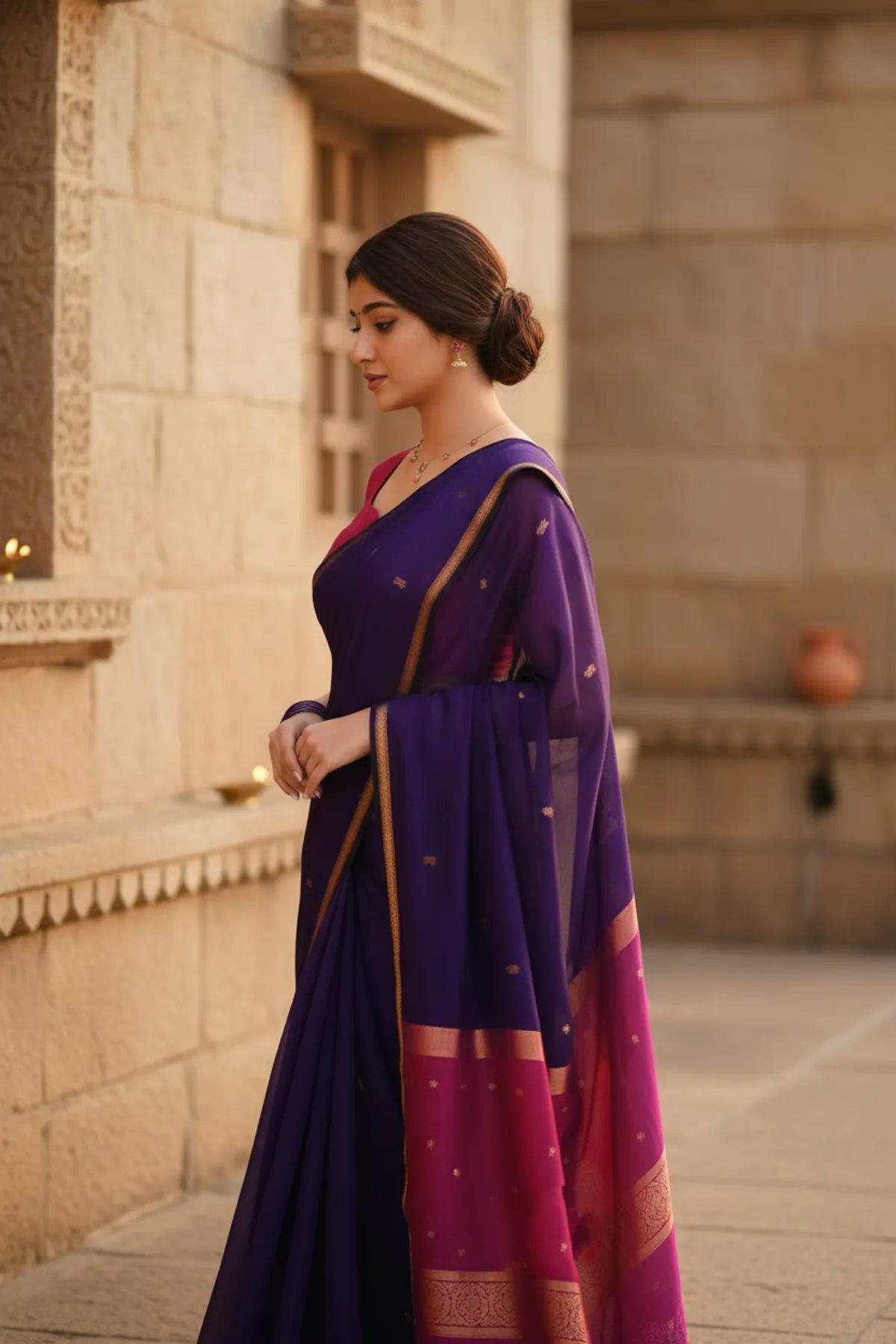 Maheshwari Silk Cotton Saree - Wine