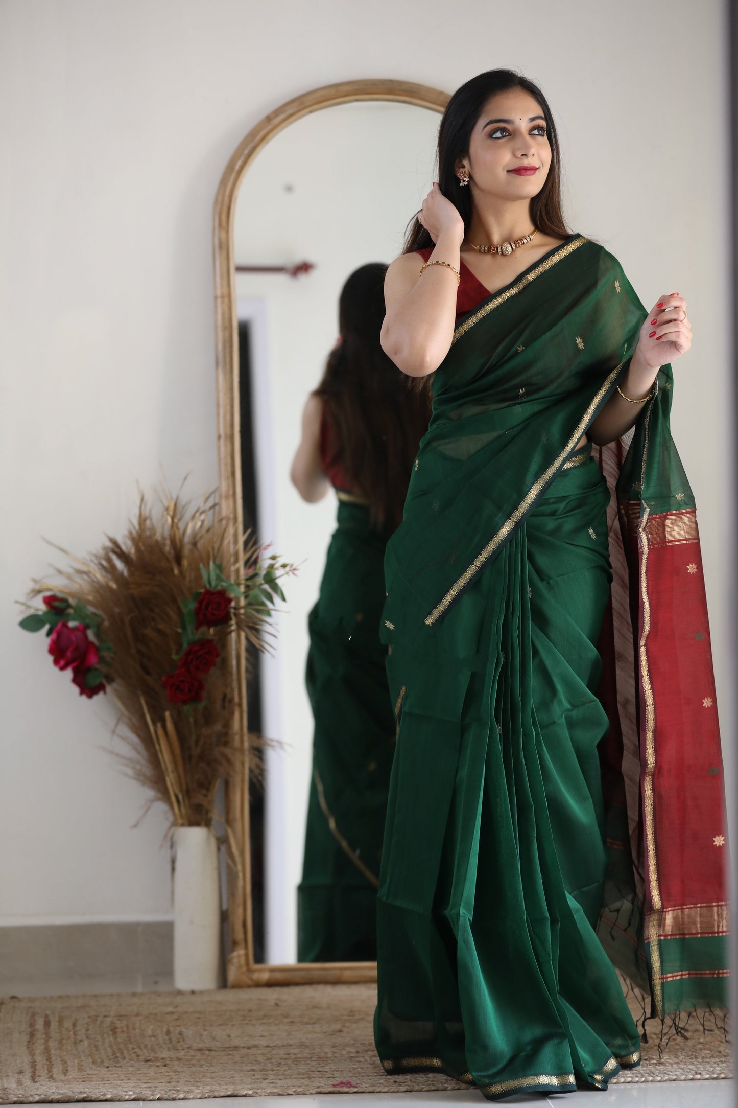 Maheshwari Silk Cotton Saree - Dark Green