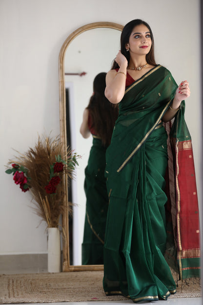 Maheshwari Silk Cotton Saree - Dark Green
