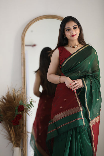 Maheshwari Silk Cotton Saree - Dark Green