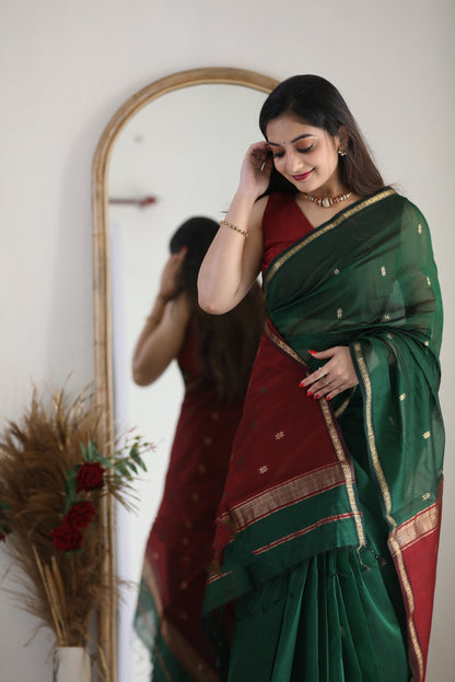 Maheshwari Silk Cotton Saree - Dark Green