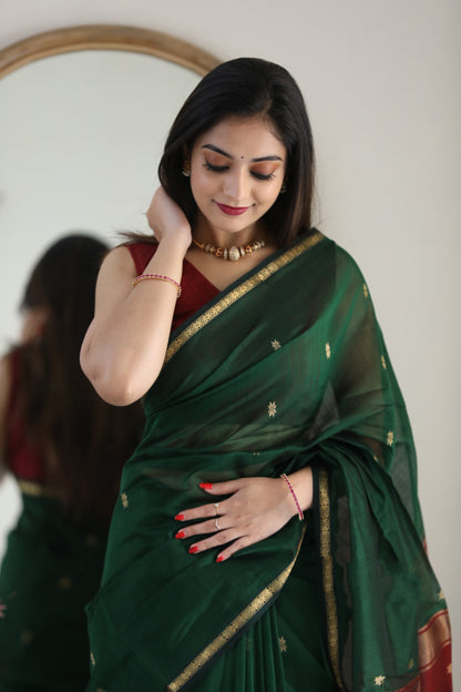 Maheshwari Silk Cotton Saree - Dark Green
