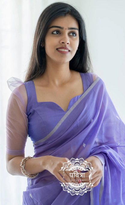 Lavender Kanjivaram Soft Cotton Linen Silk Saree With Unstitched Blouse Piece For Women