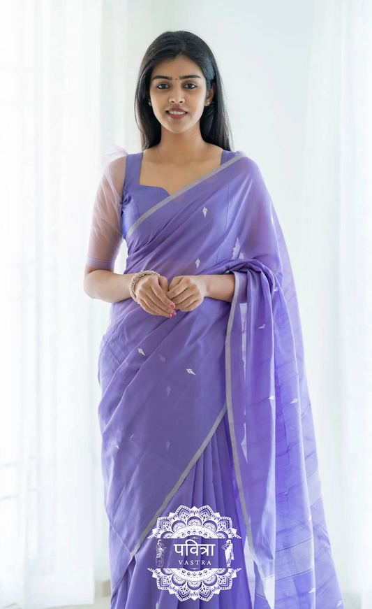 Lavender Kanjivaram Soft Cotton Linen Silk Saree With Unstitched Blouse Piece For Women