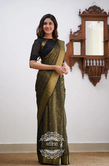 Floral Woven Kanjivaram Saree with Contrast Border  For Women