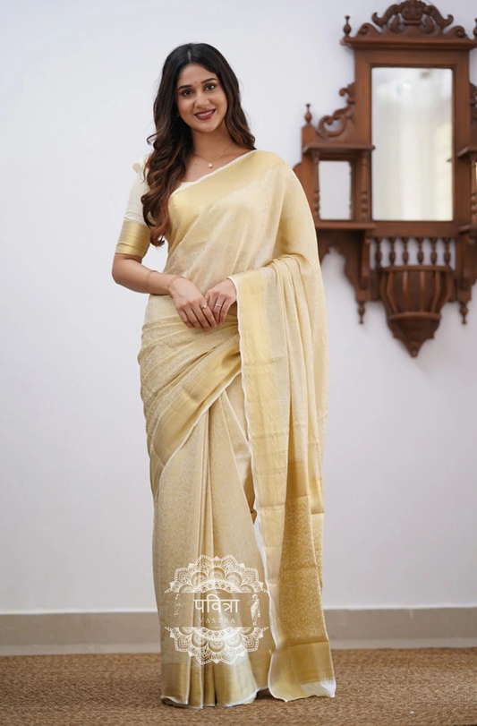 Floral Woven Kanjeevaram Saree with Contrast Border  For Women