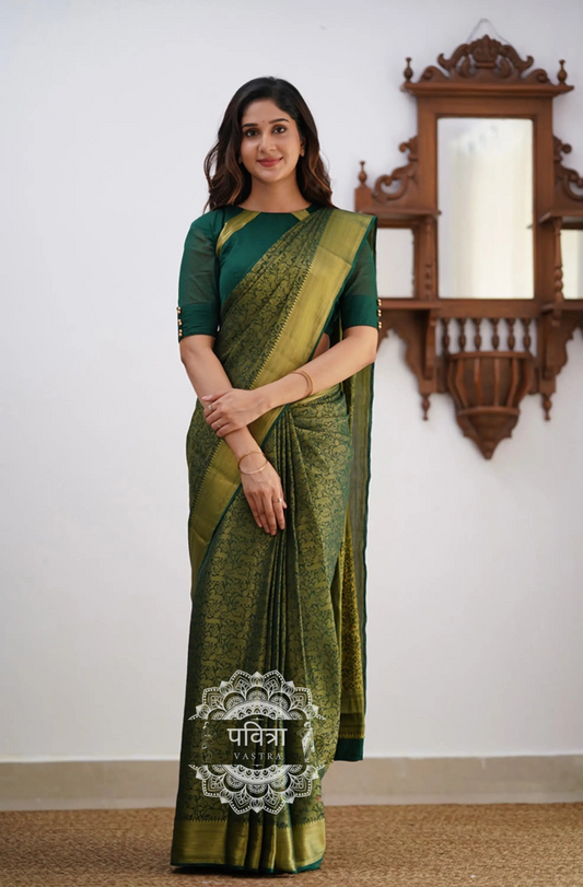 Floral Woven Kanjeevaram Saree with Contrast Border  For Women